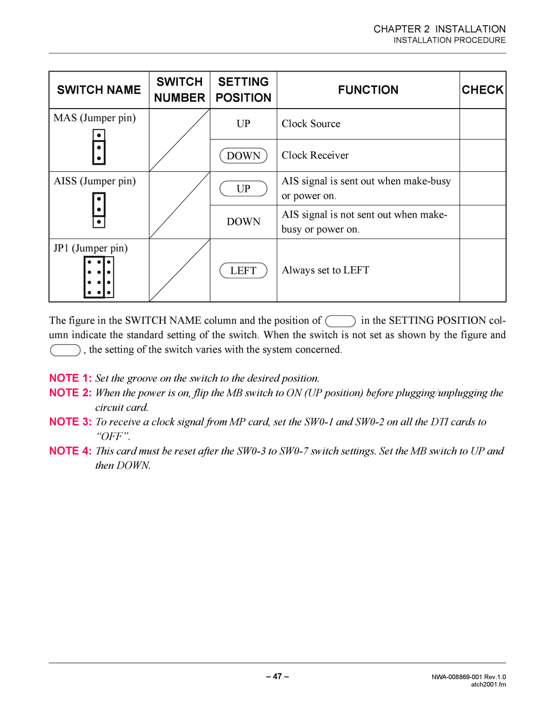 NEC NWA-008869-001 manual Switch Name, Setting, Function, Check, Number, Position 