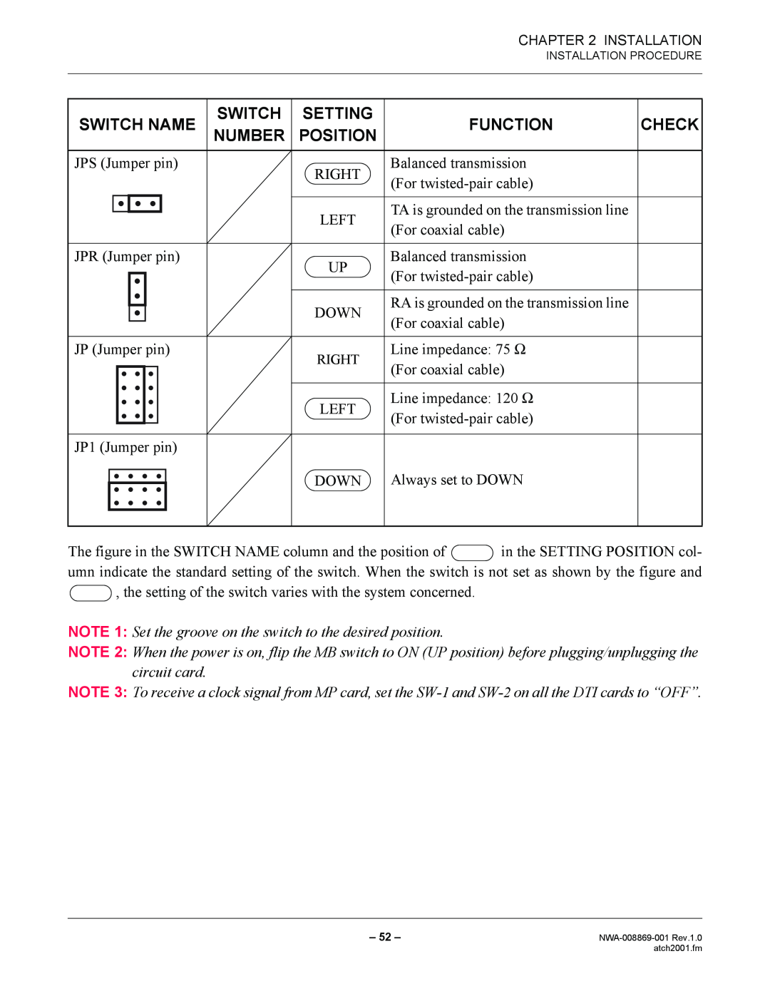 NEC NWA-008869-001 manual Switch Name, Setting, Function, Check, Number, Position 