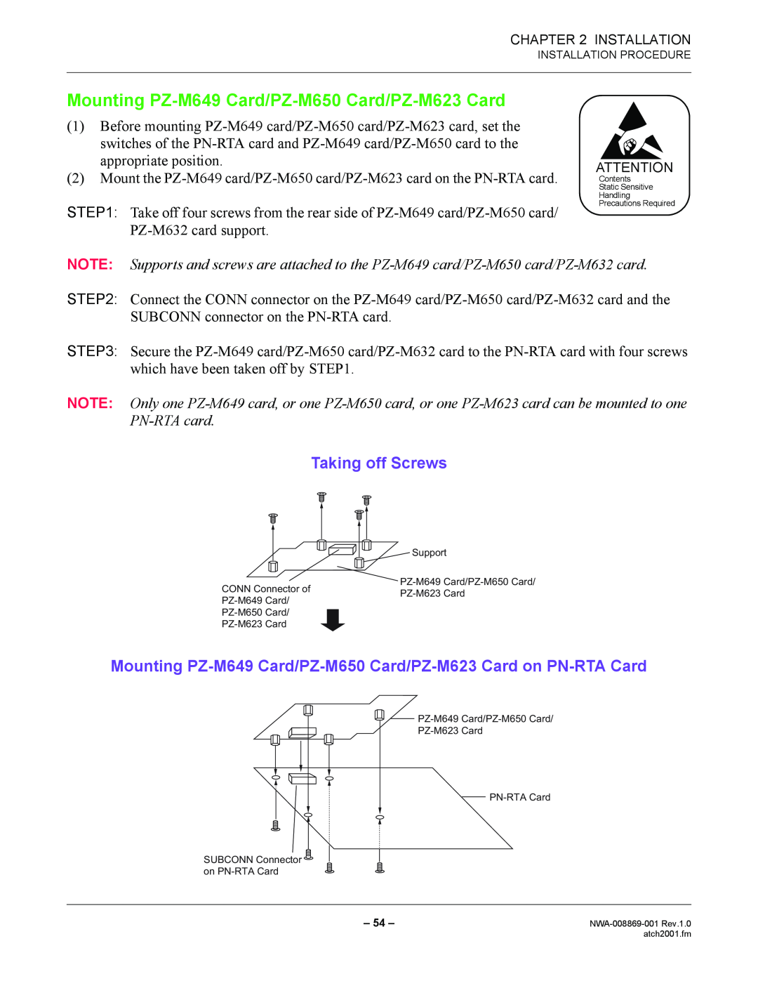 NEC NWA-008869-001 manual Mounting PZ-M649 Card/PZ-M650 Card/PZ-M623 Card, Taking off Screws 