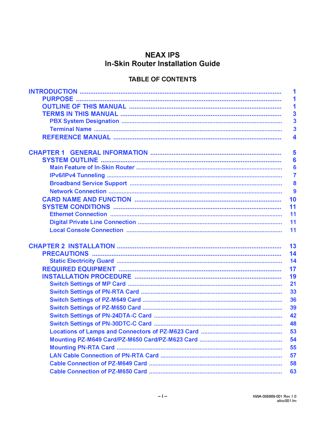 NEC NWA-008869-001 manual Neax Ips, In-Skin Router Installation Guide 