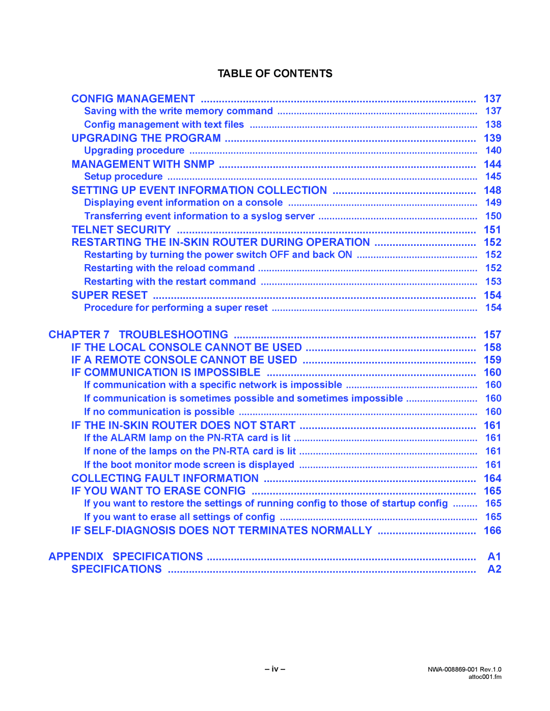 NEC NWA-008869-001 manual Table of Contents Config Management 