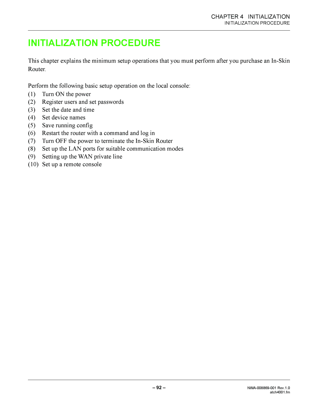 NEC NWA-008869-001 manual Initialization Procedure 