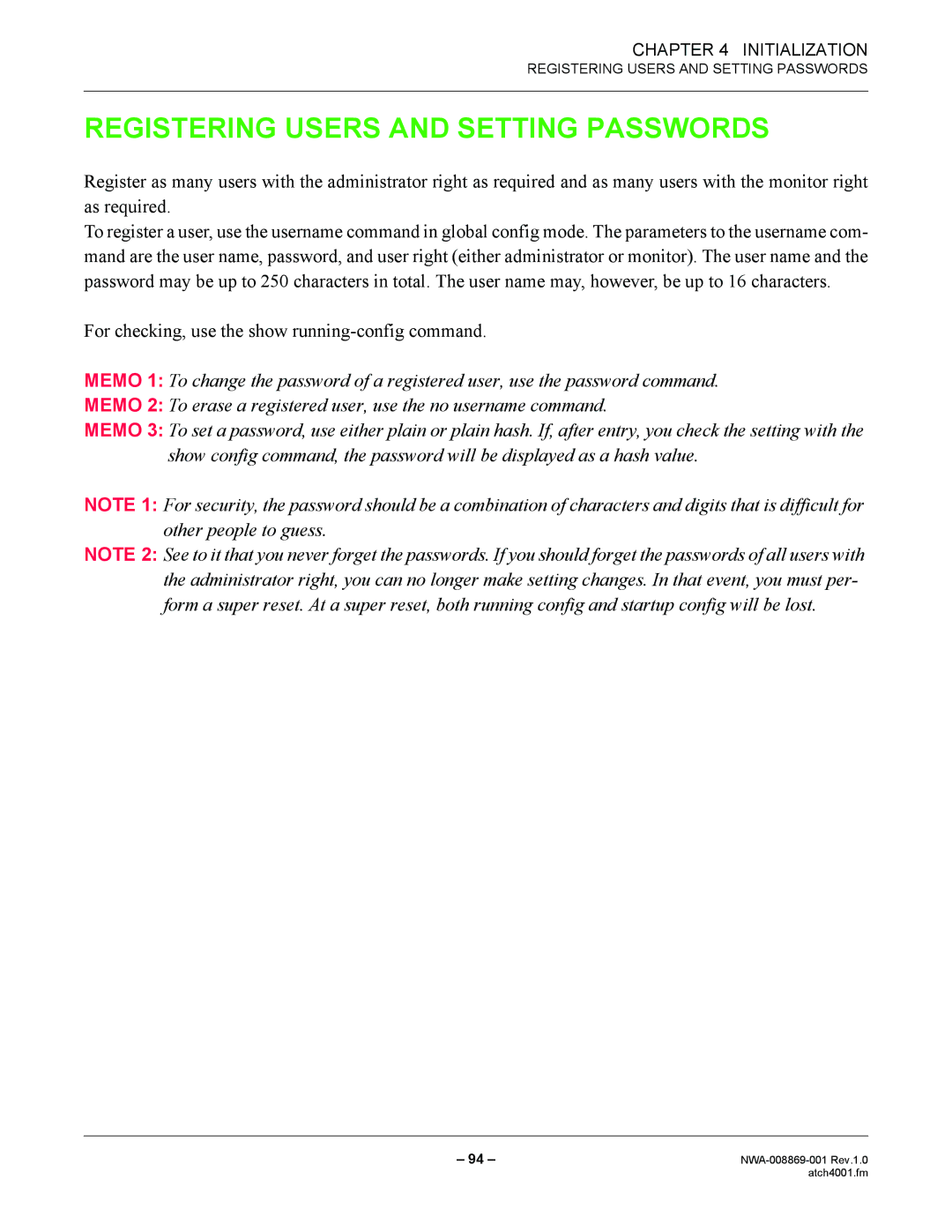 NEC NWA-008869-001 manual Registering Users and Setting Passwords 