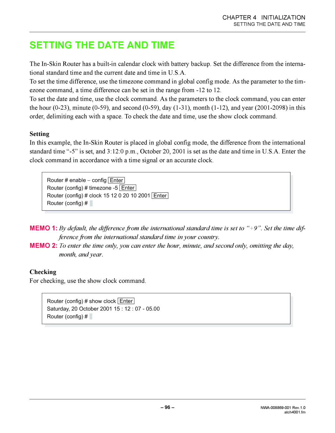 NEC NWA-008869-001 manual Setting the Date and Time, For checking, use the show clock command 