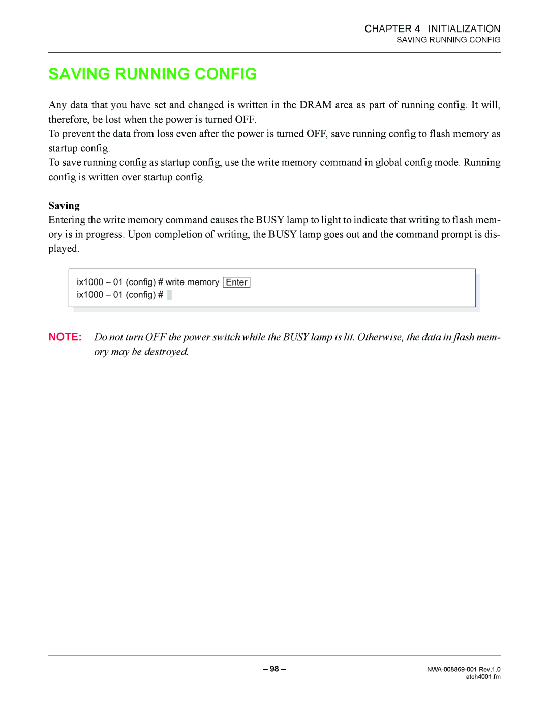 NEC NWA-008869-001 manual Saving Running Config 