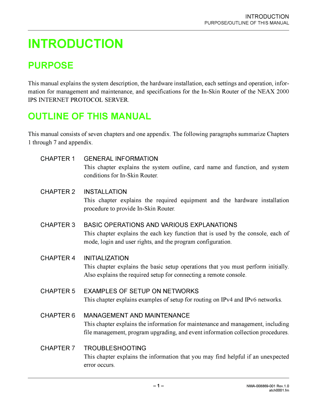 NEC NWA-008869-001 manual Purpose, Outline of this Manual 