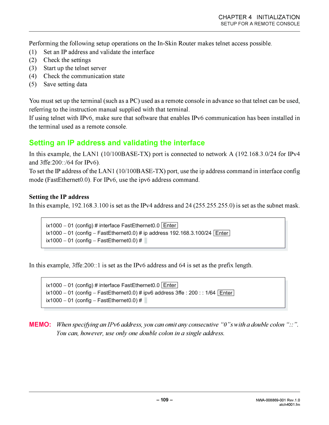 NEC NWA-008869-001 manual Setting an IP address and validating the interface, Setting the IP address 