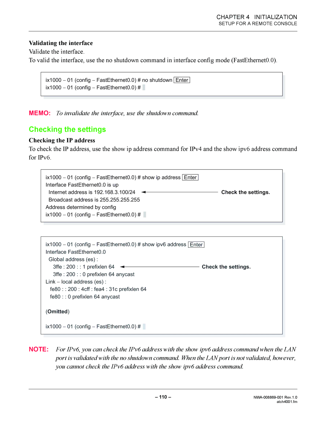 NEC NWA-008869-001 manual Checking the settings, Validating the interface, Checking the IP address 