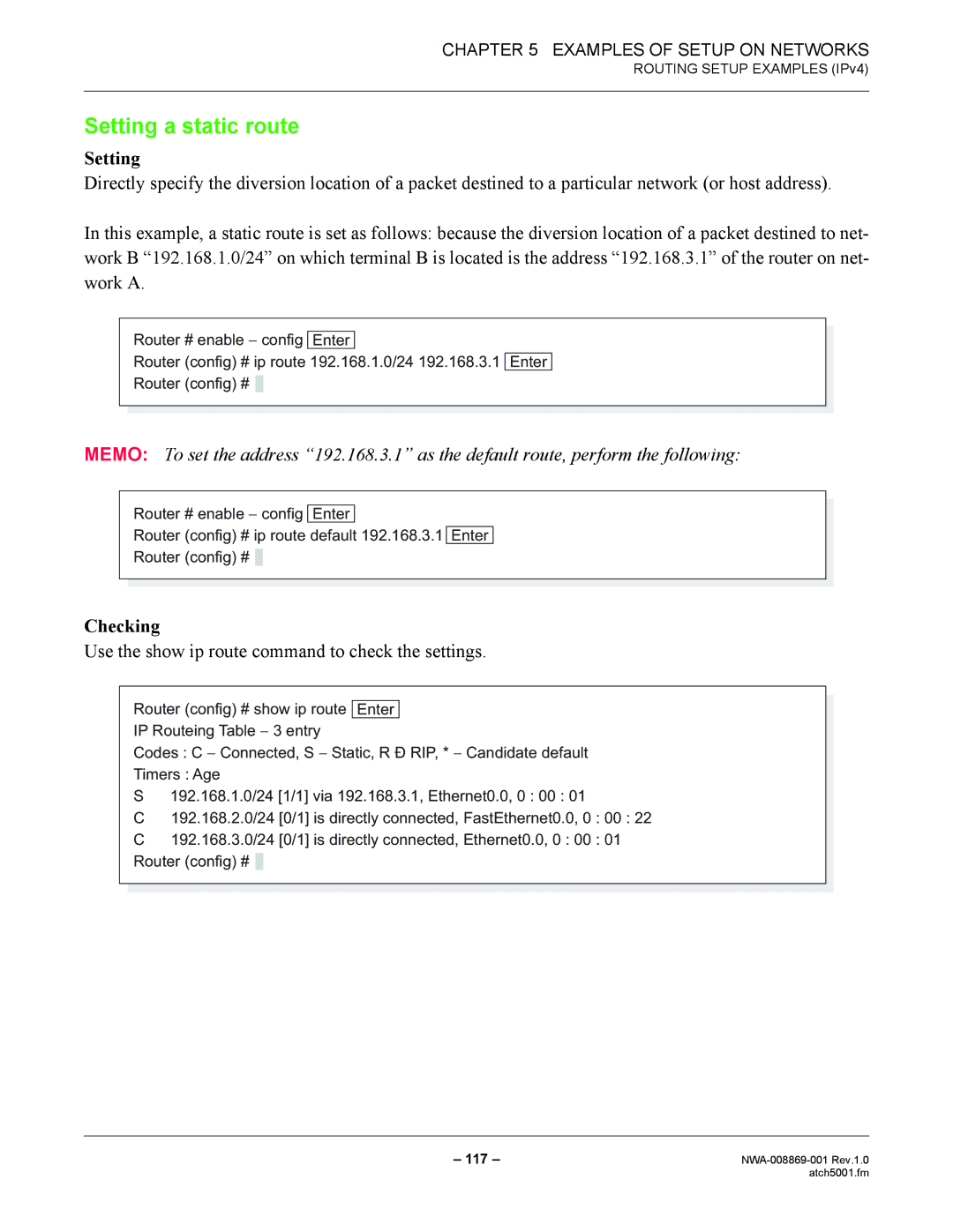 NEC NWA-008869-001 manual Setting a static route, Use the show ip route command to check the settings 