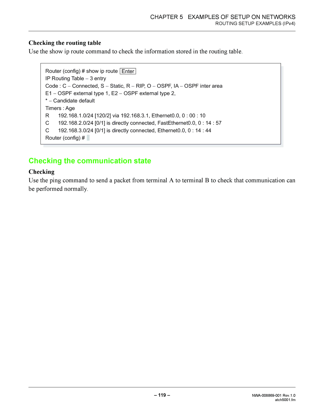 NEC NWA-008869-001 manual Checking the communication state, Checking the routing table 