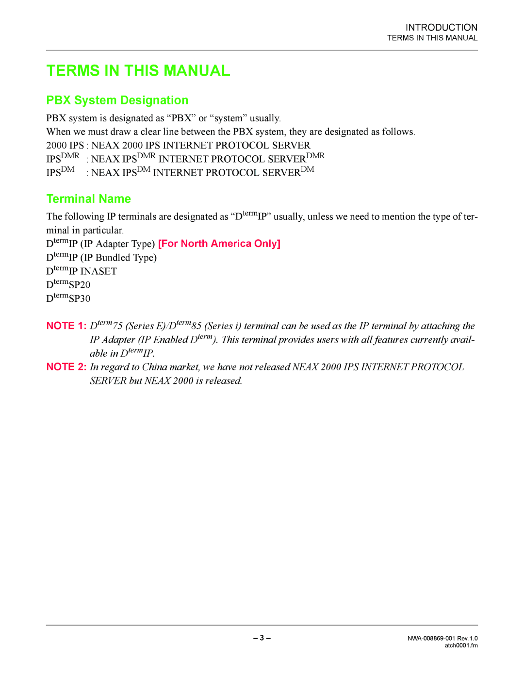 NEC NWA-008869-001 manual Terms in this Manual, PBX System Designation, Terminal Name, DtermIP Inaset DtermSP20 DtermSP30 