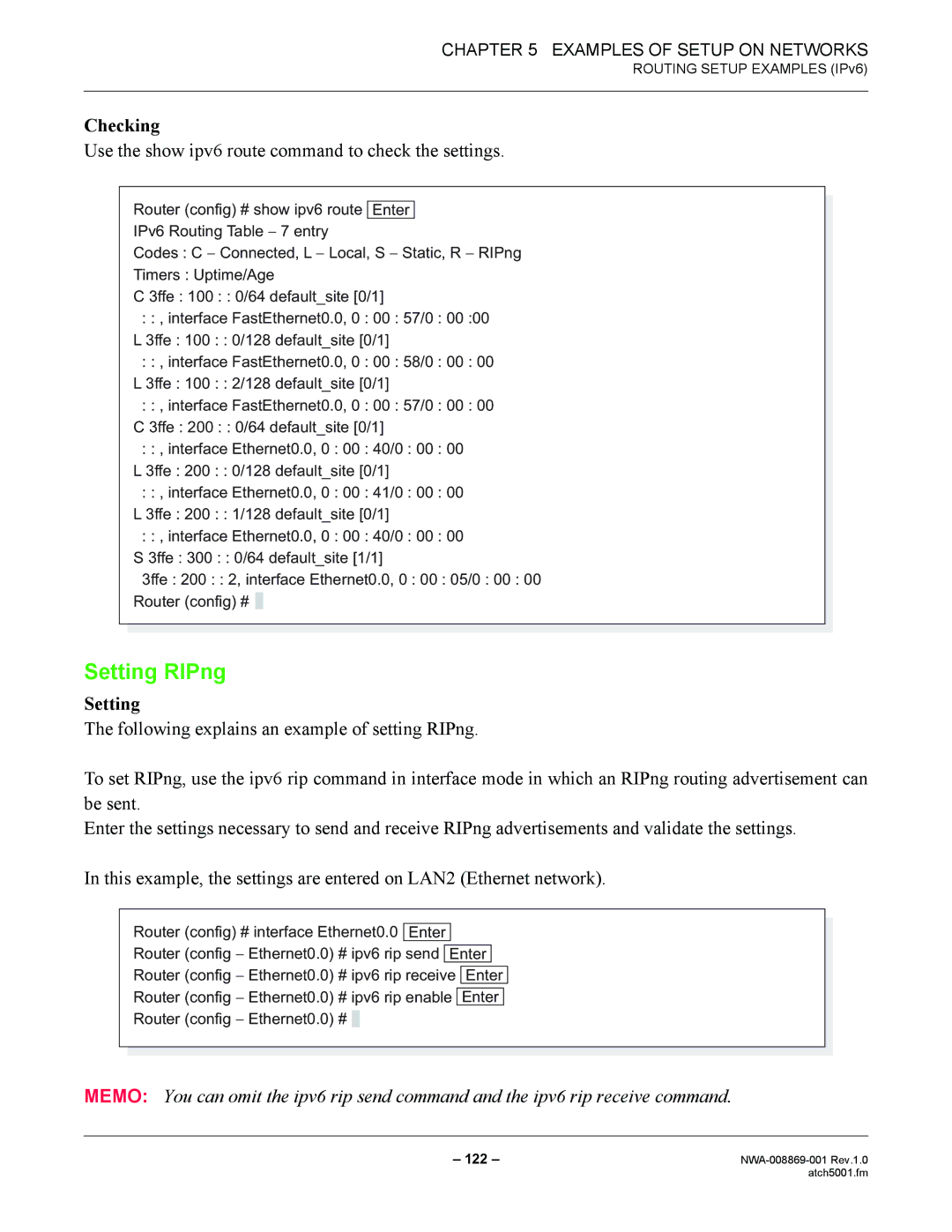 NEC NWA-008869-001 manual Setting RIPng, Use the show ipv6 route command to check the settings 