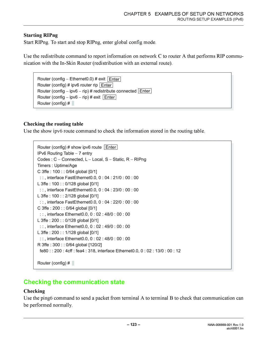 NEC NWA-008869-001 manual Starting RIPng, Checking the routing table 