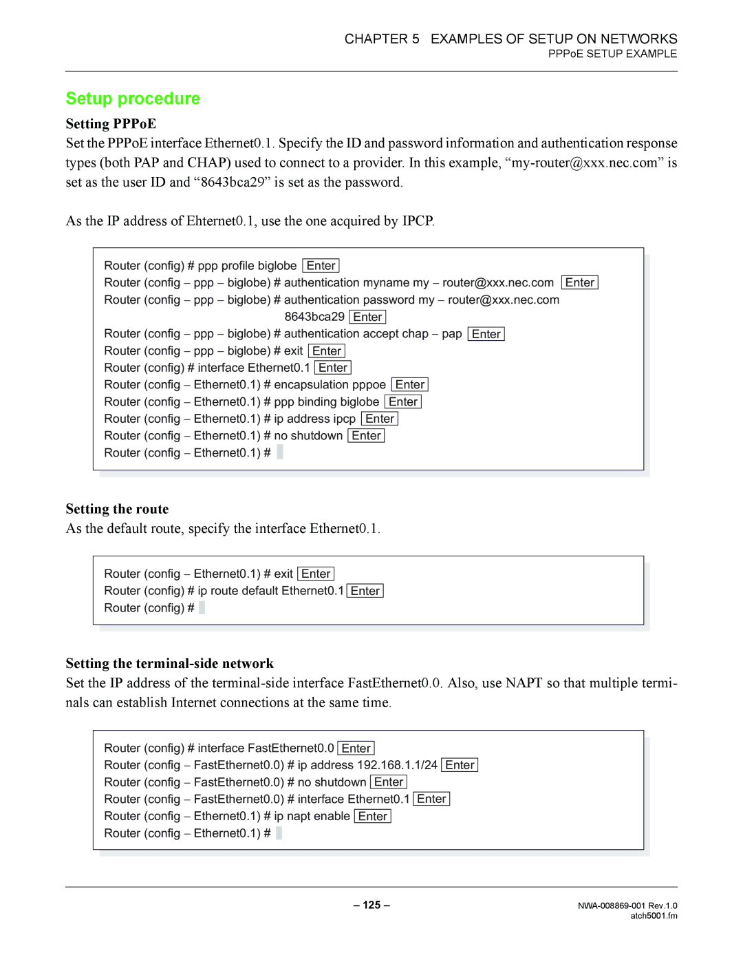 NEC NWA-008869-001 manual Setup procedure, Setting PPPoE, Setting the route, Setting the terminal-side network 