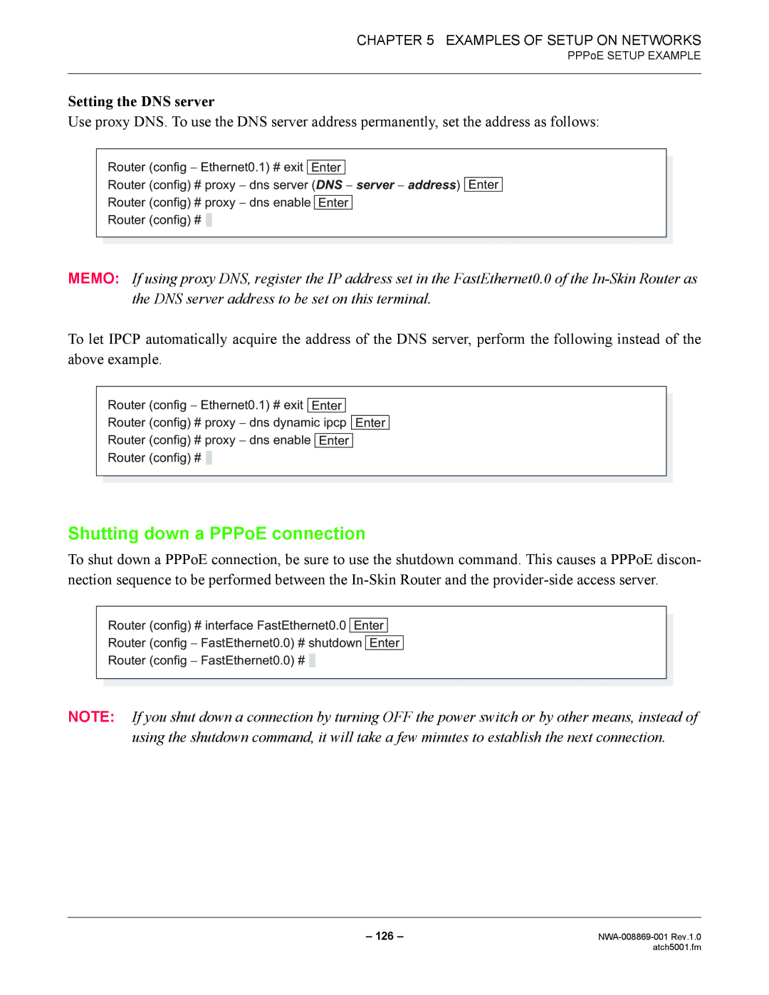 NEC NWA-008869-001 manual Shutting down a PPPoE connection, Setting the DNS server 