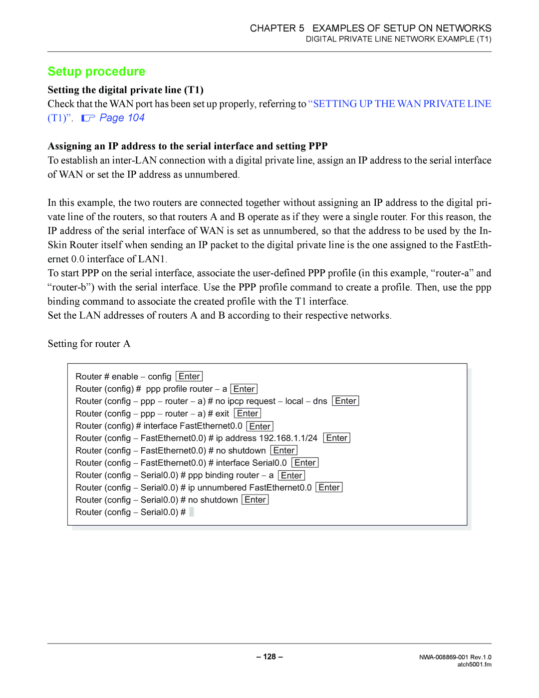 NEC NWA-008869-001 manual Setup procedure, Setting the digital private line T1 