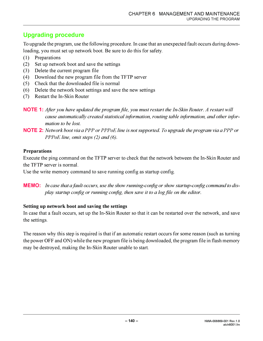 NEC NWA-008869-001 manual Upgrading procedure, Preparations, Setting up network boot and saving the settings 