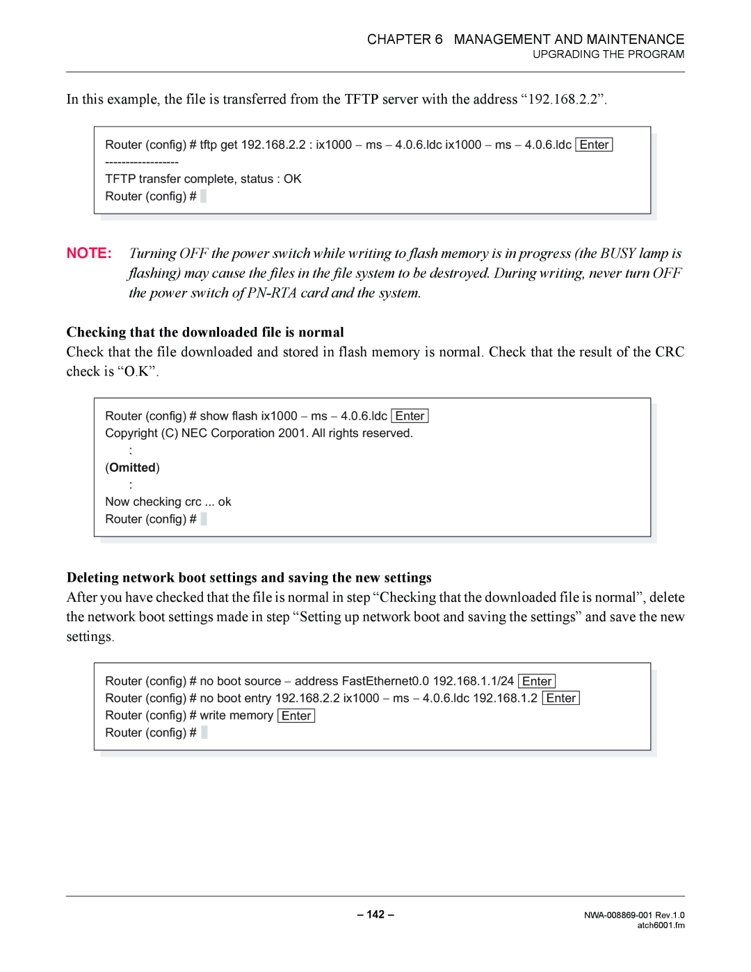 NEC NWA-008869-001 Checking that the downloaded file is normal, Deleting network boot settings and saving the new settings 