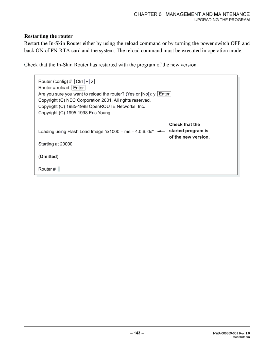 NEC NWA-008869-001 manual Restarting the router 