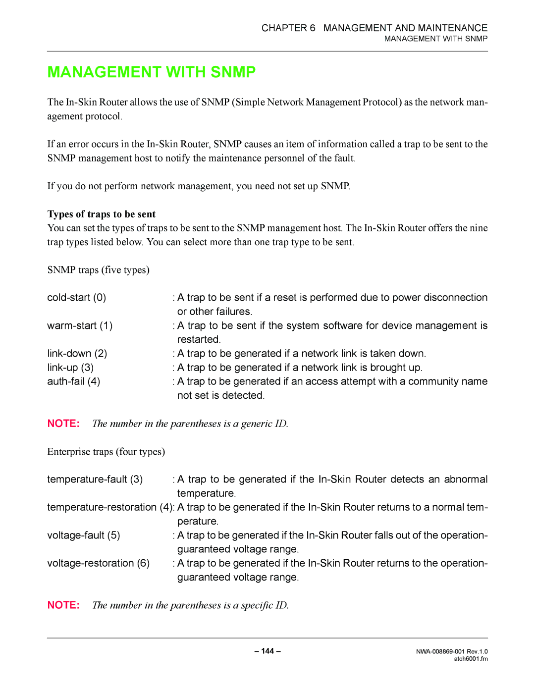 NEC NWA-008869-001 manual Management with Snmp, Types of traps to be sent, Enterprise traps four types 