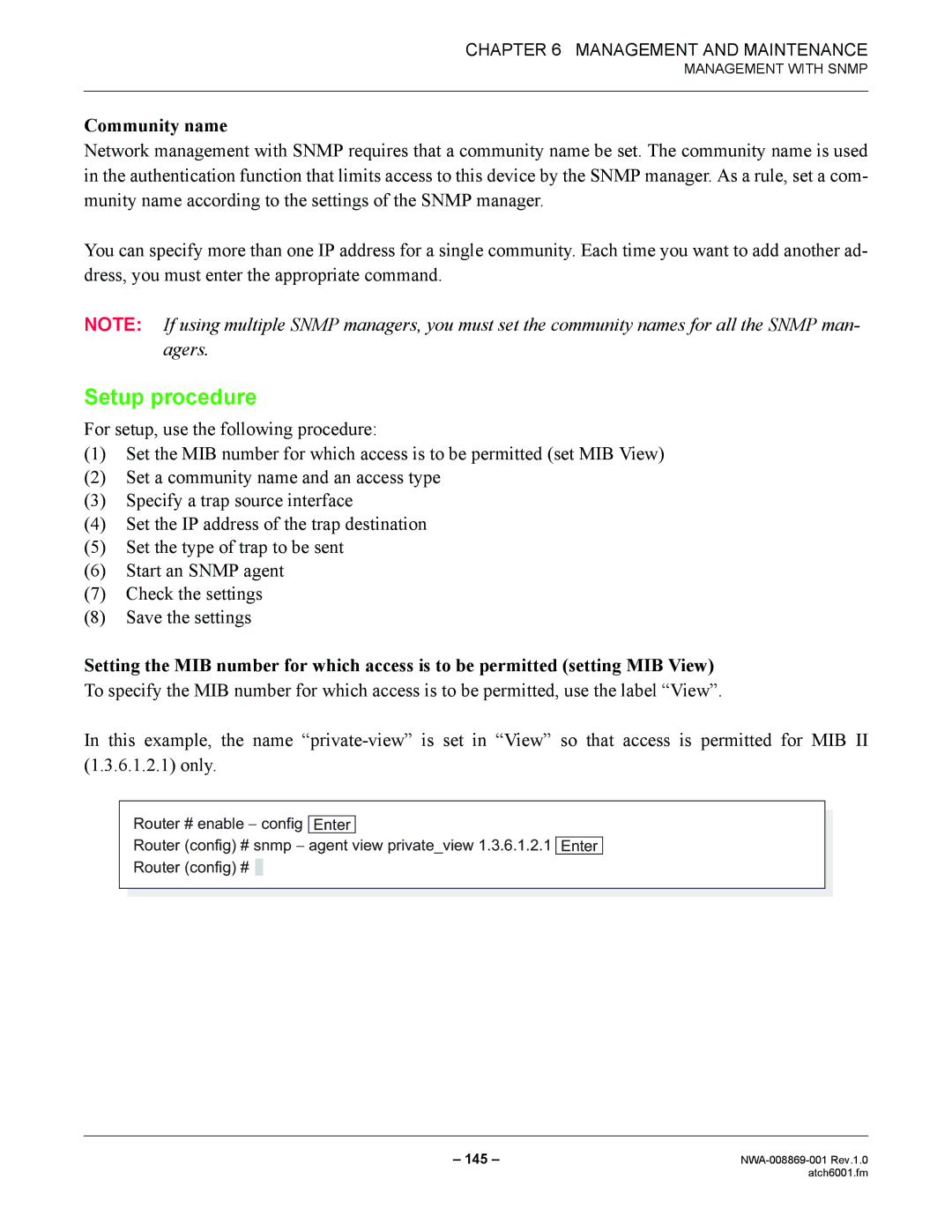 NEC NWA-008869-001 manual Setup procedure, Community name 