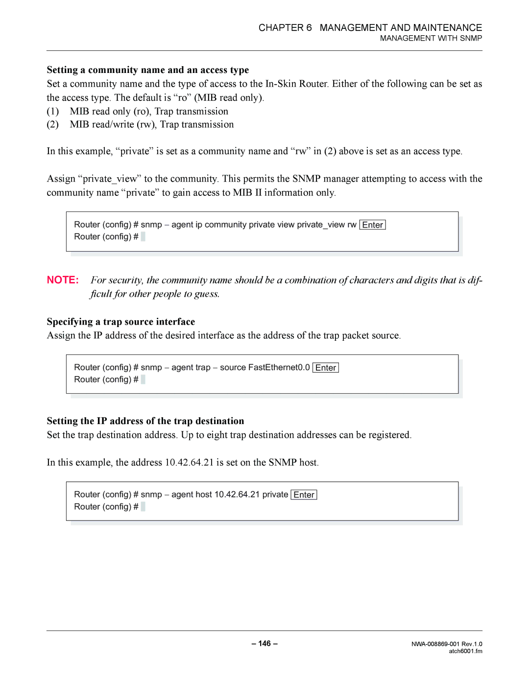 NEC NWA-008869-001 manual Setting a community name and an access type, Specifying a trap source interface 