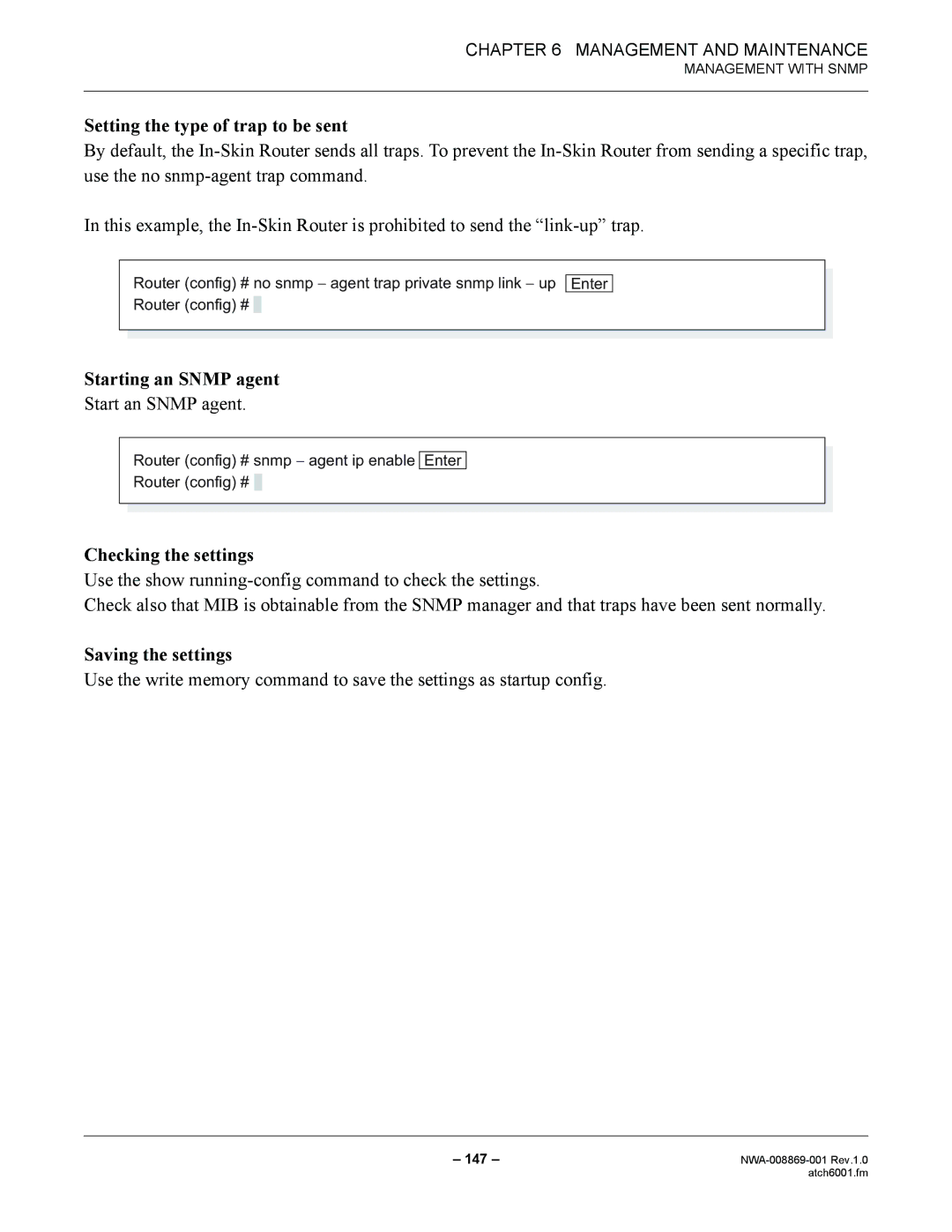 NEC NWA-008869-001 Setting the type of trap to be sent, Starting an Snmp agent, Checking the settings, Saving the settings 