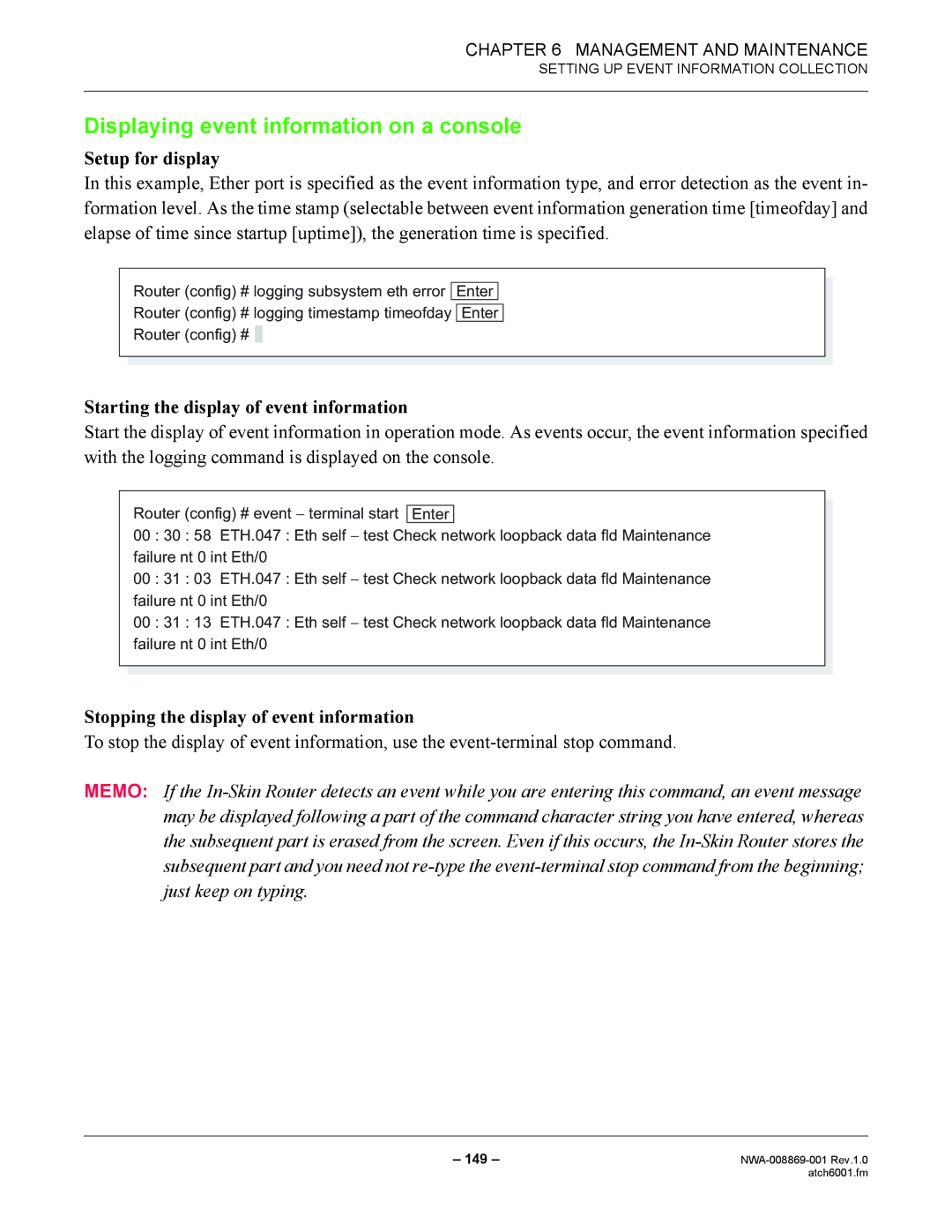 NEC NWA-008869-001 Displaying event information on a console, Setup for display, Starting the display of event information 