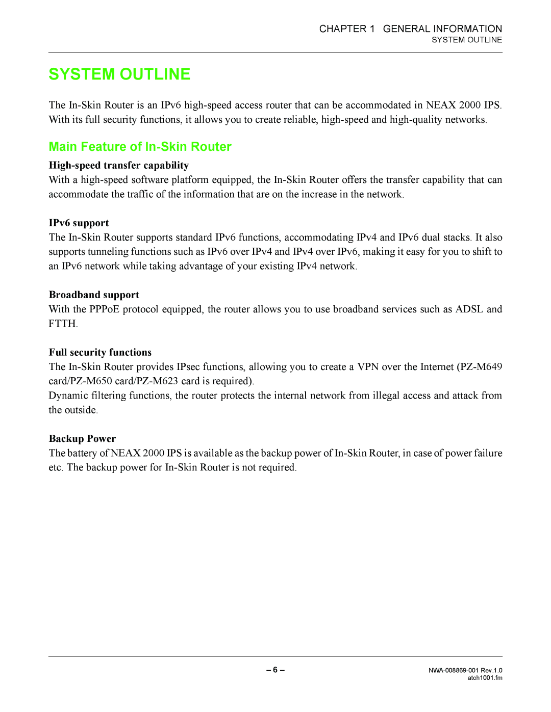 NEC NWA-008869-001 manual System Outline, Main Feature of In-Skin Router 