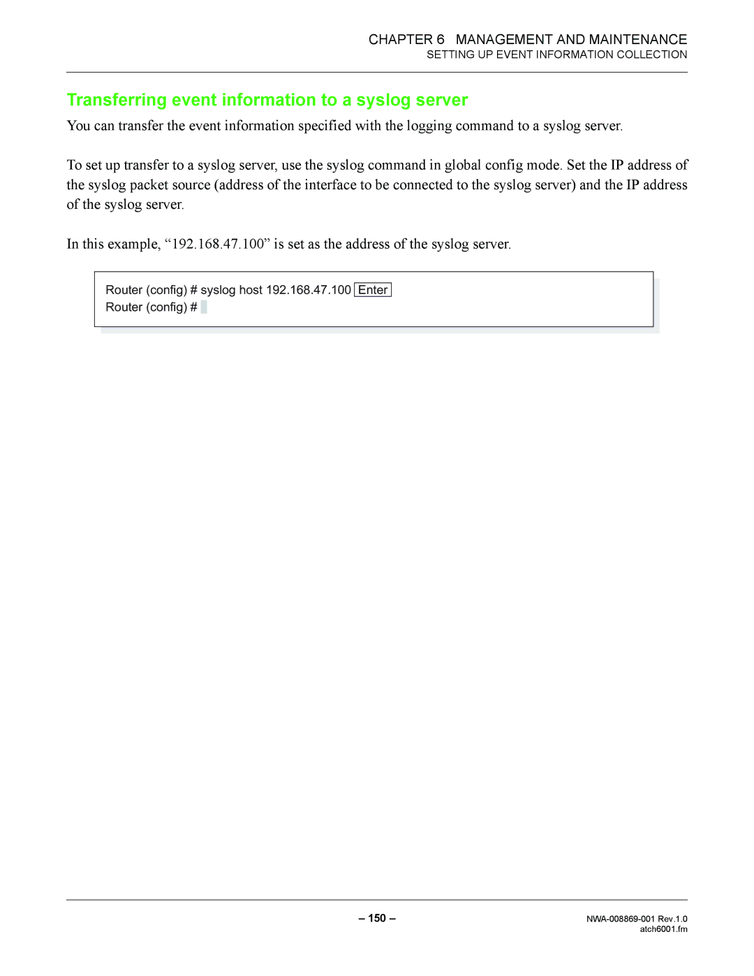 NEC NWA-008869-001 manual Transferring event information to a syslog server 