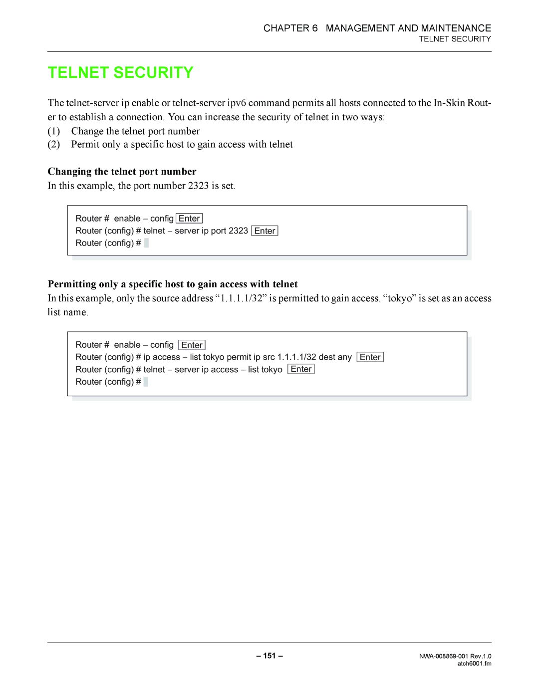 NEC NWA-008869-001 manual Telnet Security, Changing the telnet port number, This example, the port number 2323 is set 