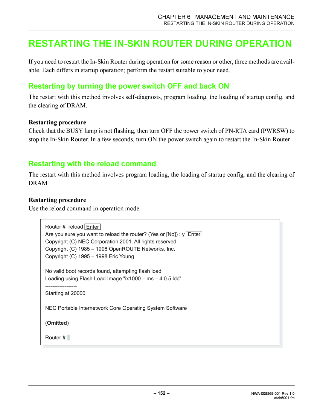 NEC NWA-008869-001 Restarting the IN-SKIN Router During Operation, Restarting by turning the power switch OFF and back on 