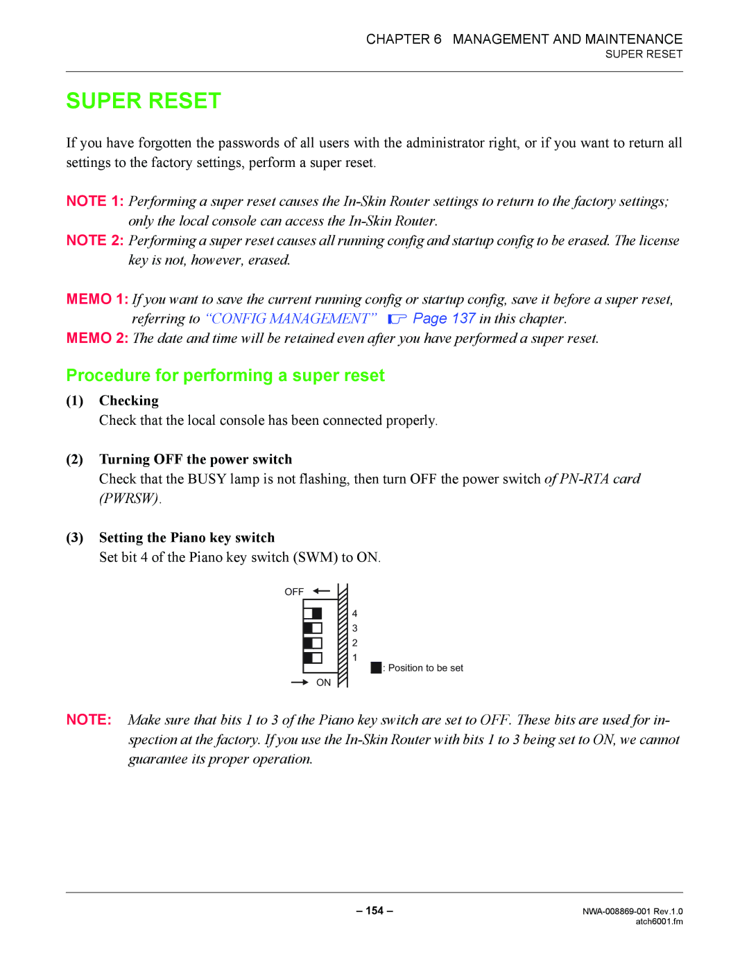 NEC NWA-008869-001 manual Super Reset, Procedure for performing a super reset, Turning OFF the power switch 