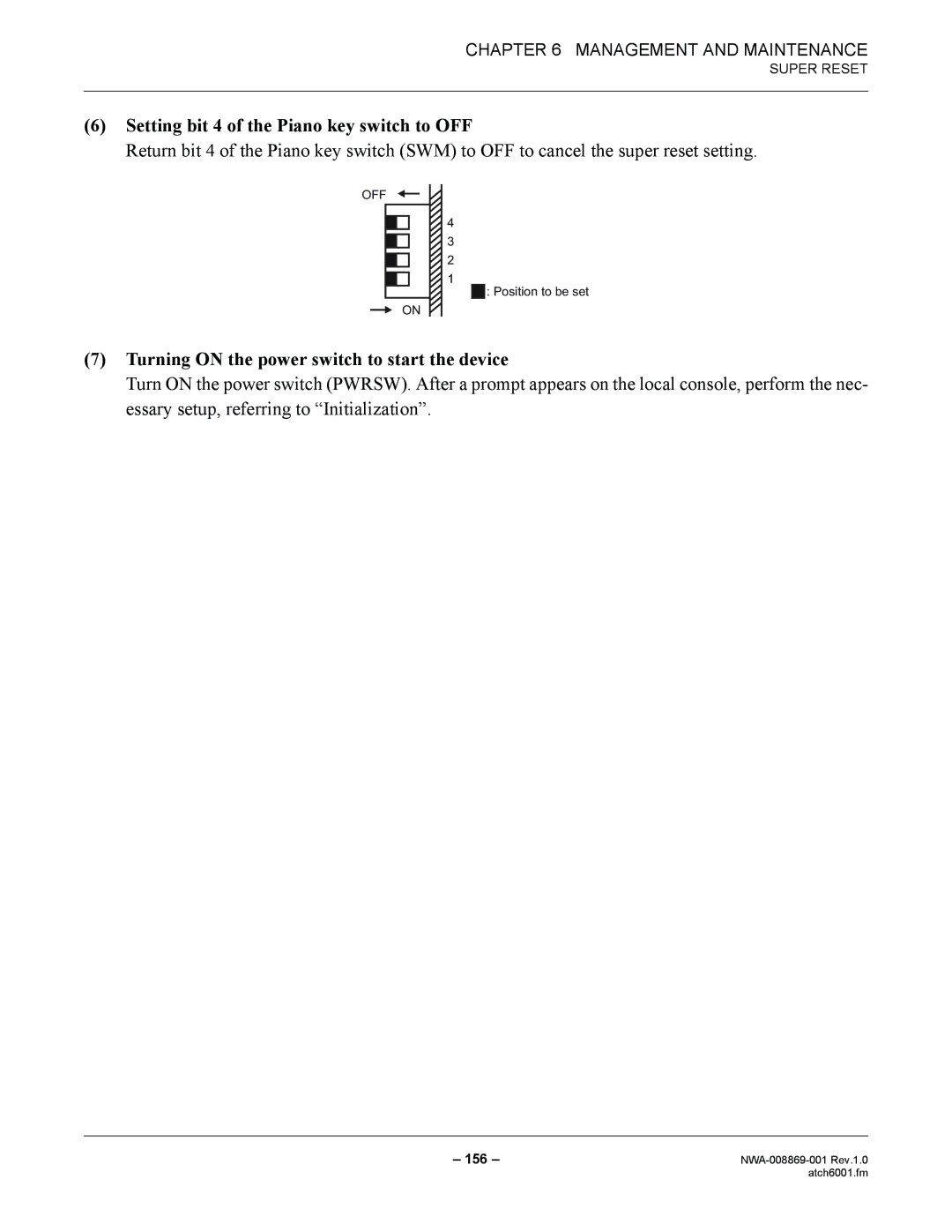 NEC NWA-008869-001 manual Setting bit 4 of the Piano key switch to OFF 