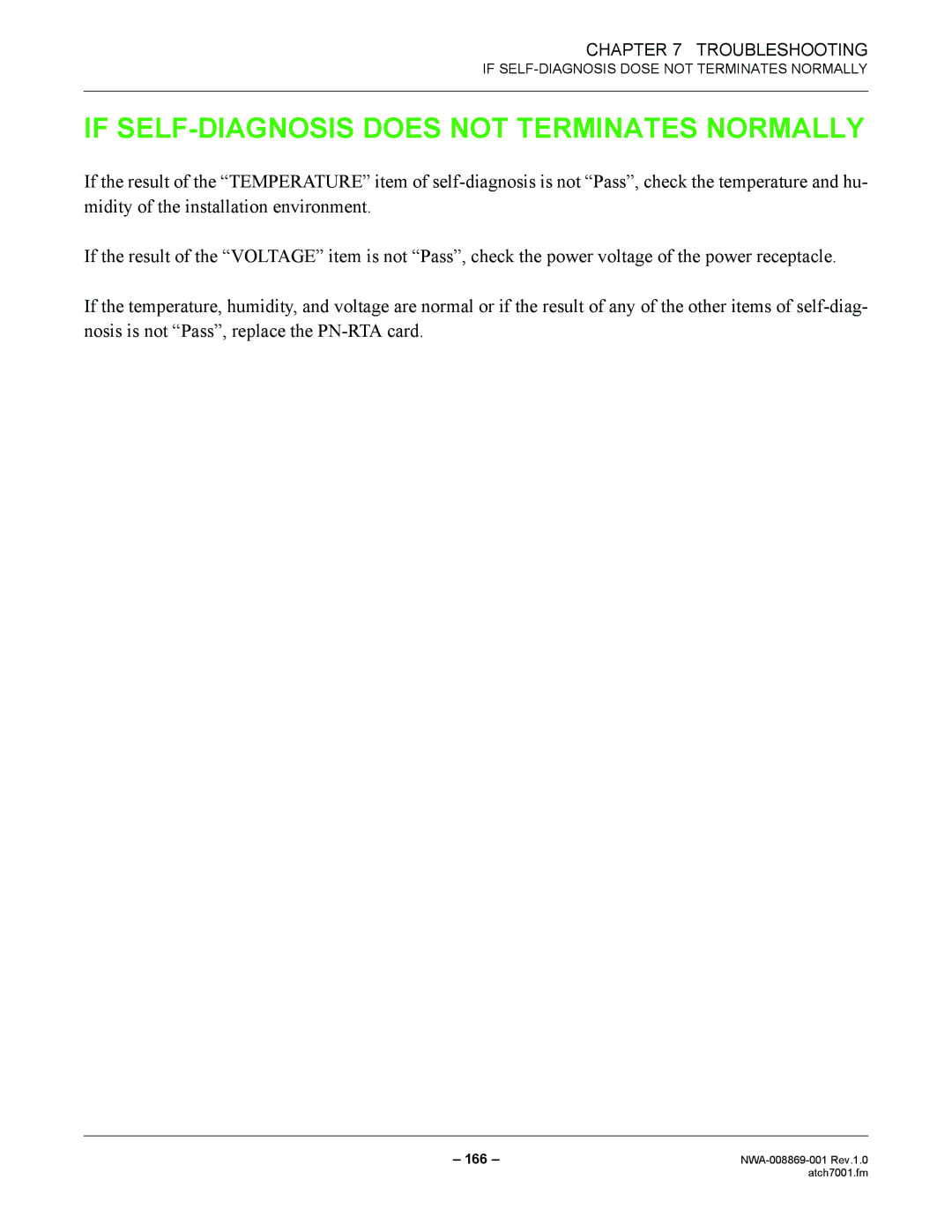 NEC NWA-008869-001 manual If SELF-DIAGNOSIS does not Terminates Normally 