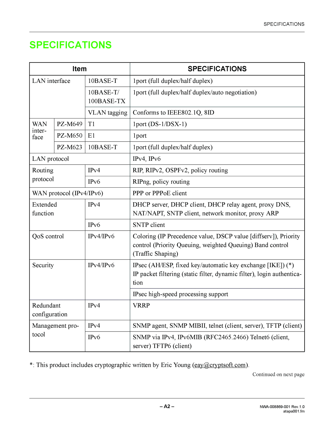 NEC NWA-008869-001 manual Specifications 