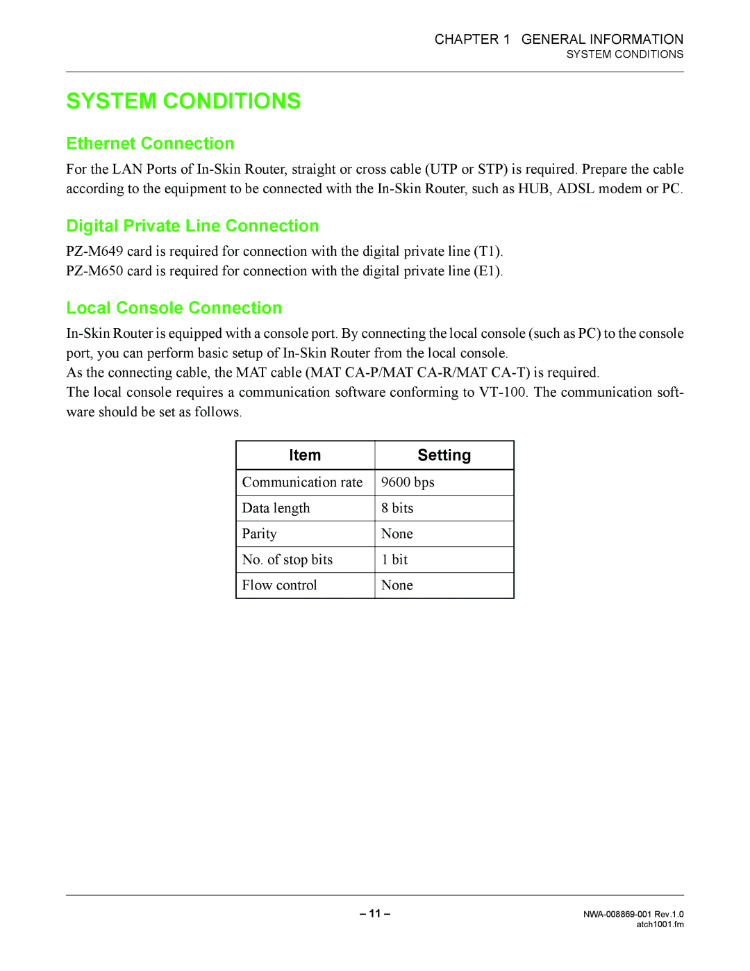 NEC NWA-008869-001 manual System Conditions, Ethernet Connection, Digital Private Line Connection, Local Console Connection 