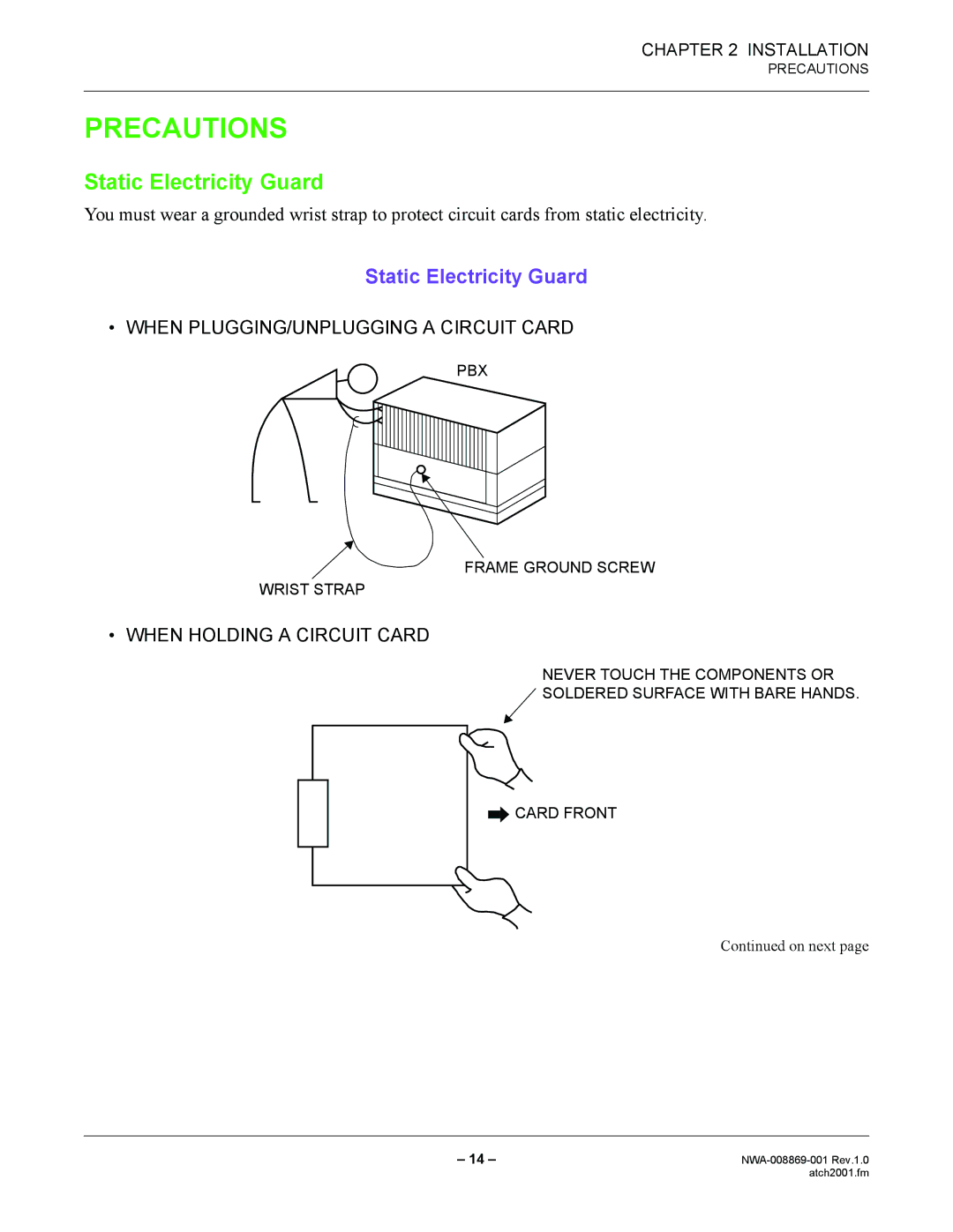 NEC NWA-008869-001 manual Precautions, Static Electricity Guard 