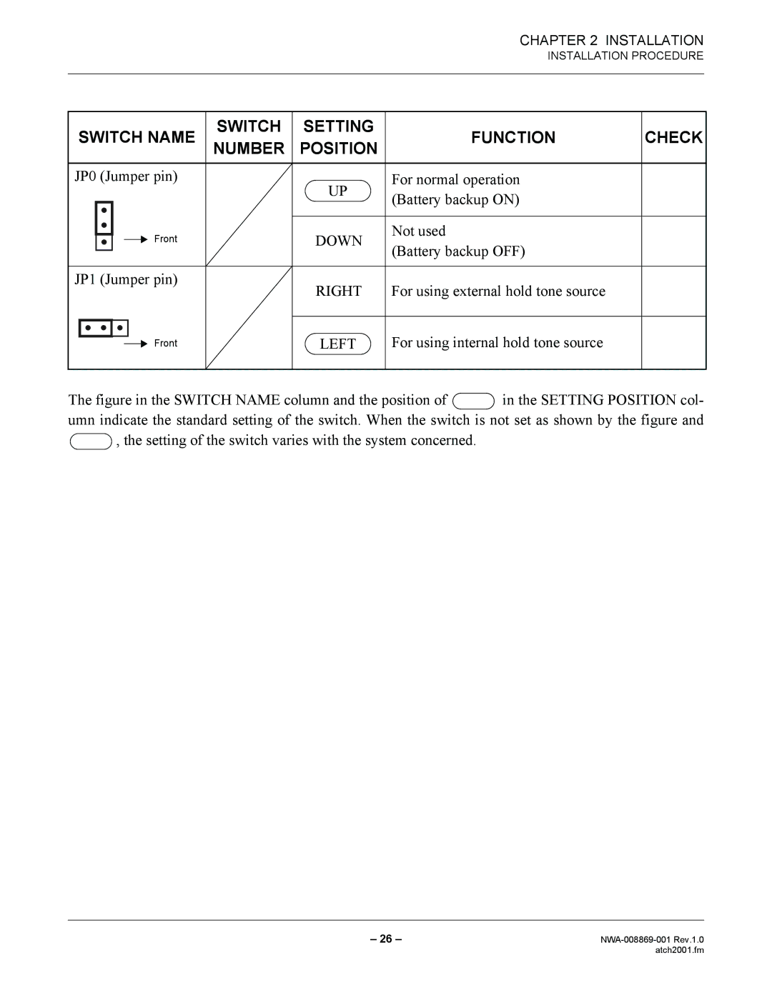 NEC NWA-008869-001 manual JP0 Jumper pin For normal operation Battery backup on, Battery backup OFF, JP1 Jumper pin 