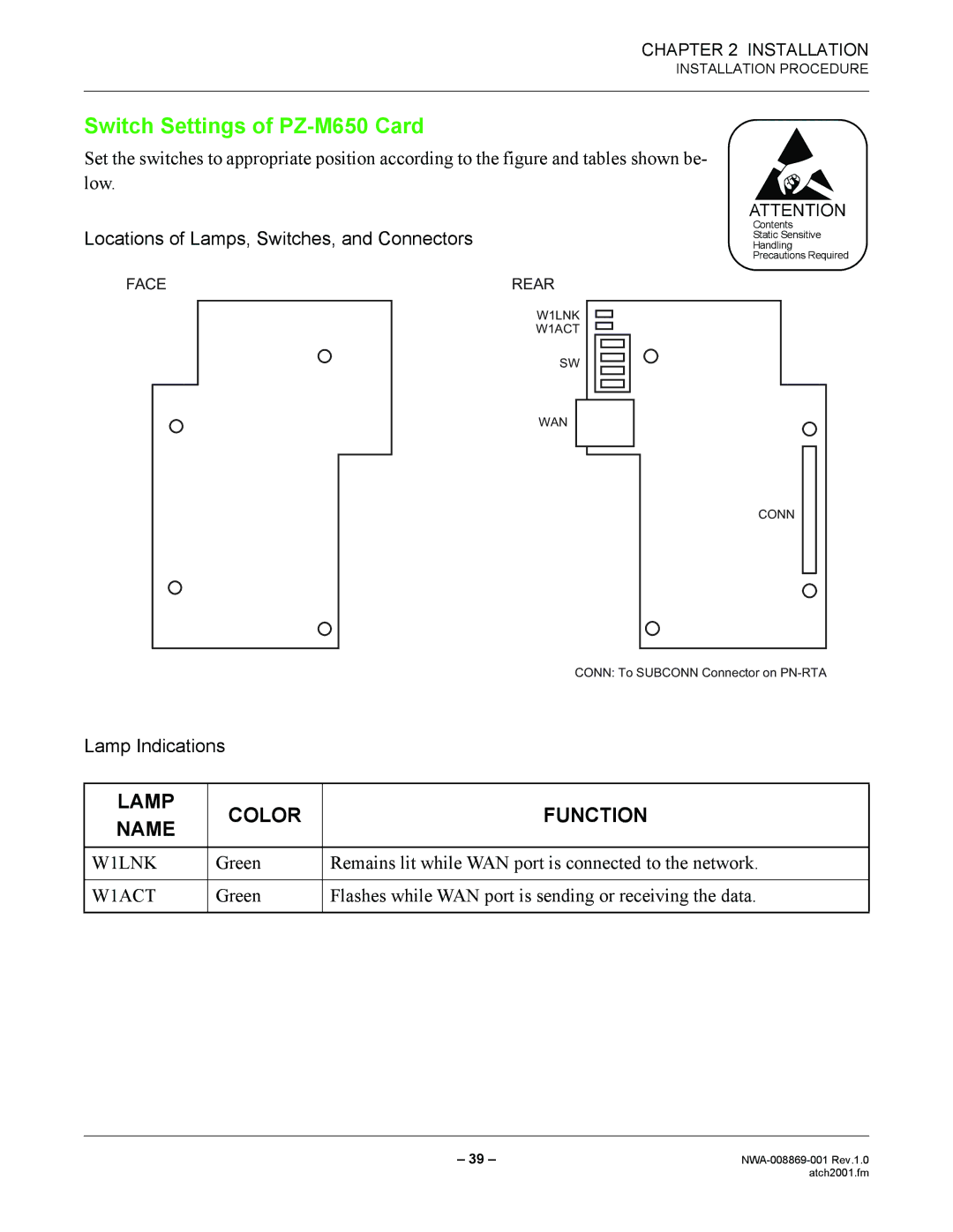 NEC NWA-008869-001 manual Switch Settings of PZ-M650 Card, Green Remains lit while WAN port is connected to the network 