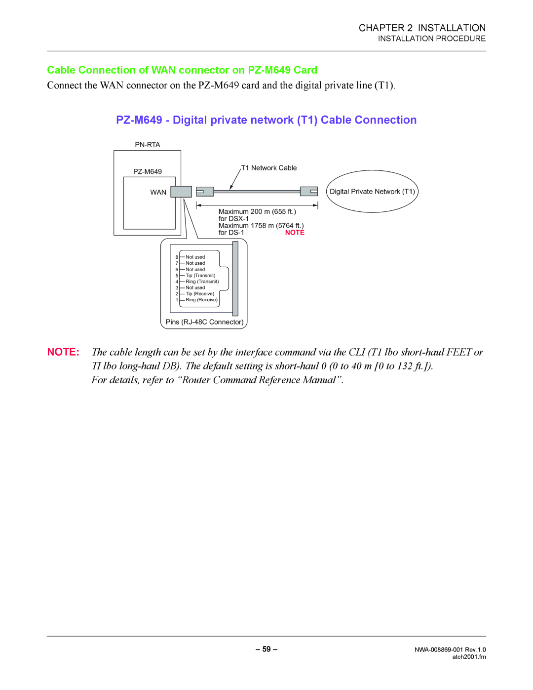 NEC NWA-008869-001 manual PZ-M649 Digital private network T1 Cable Connection 