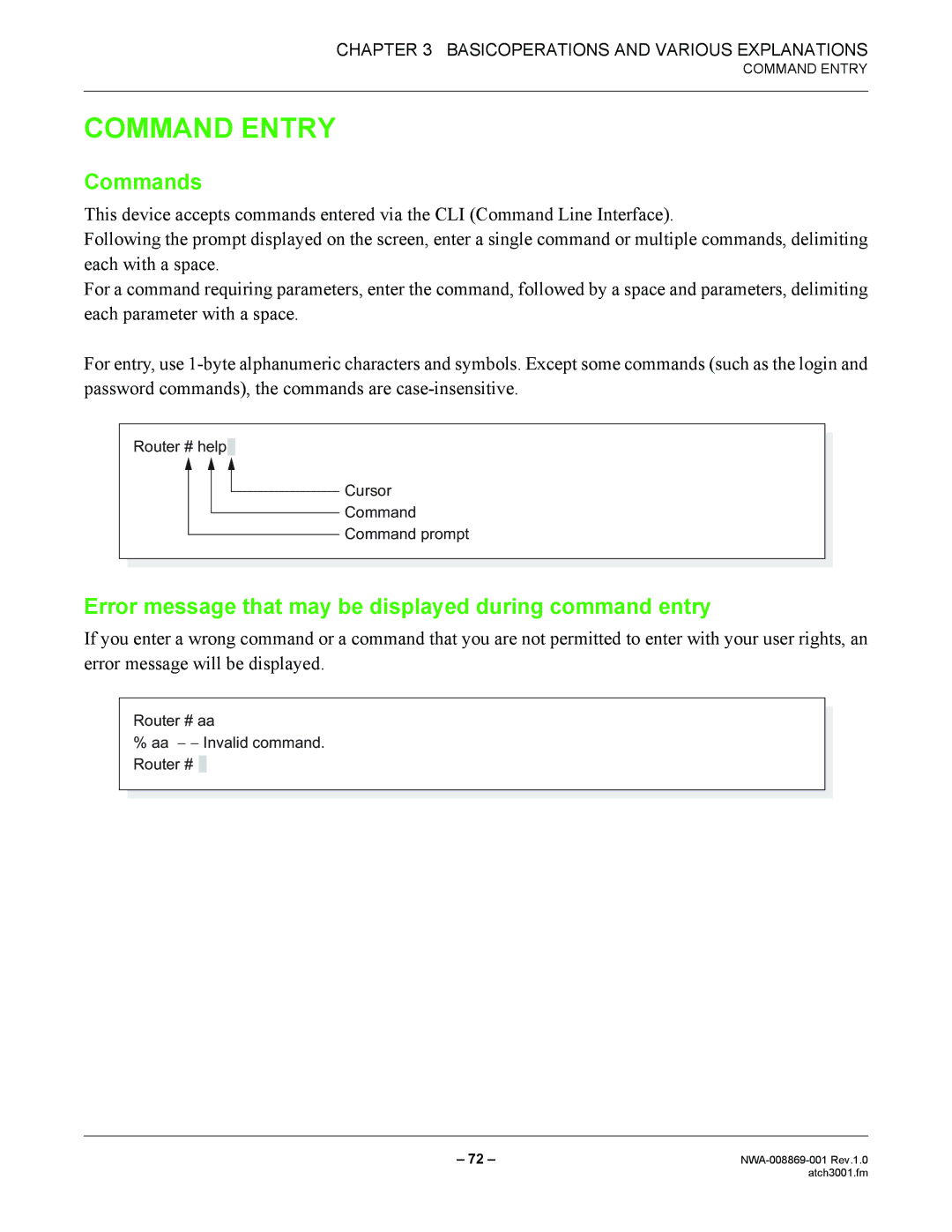 NEC NWA-008869-001 manual Command Entry, Commands, Error message that may be displayed during command entry 