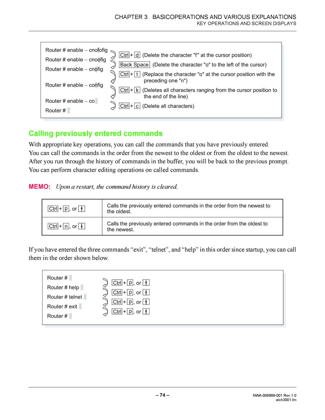 NEC NWA-008869-001 manual Calling previously entered commands, Memo Upon a restart, the command history is cleared 