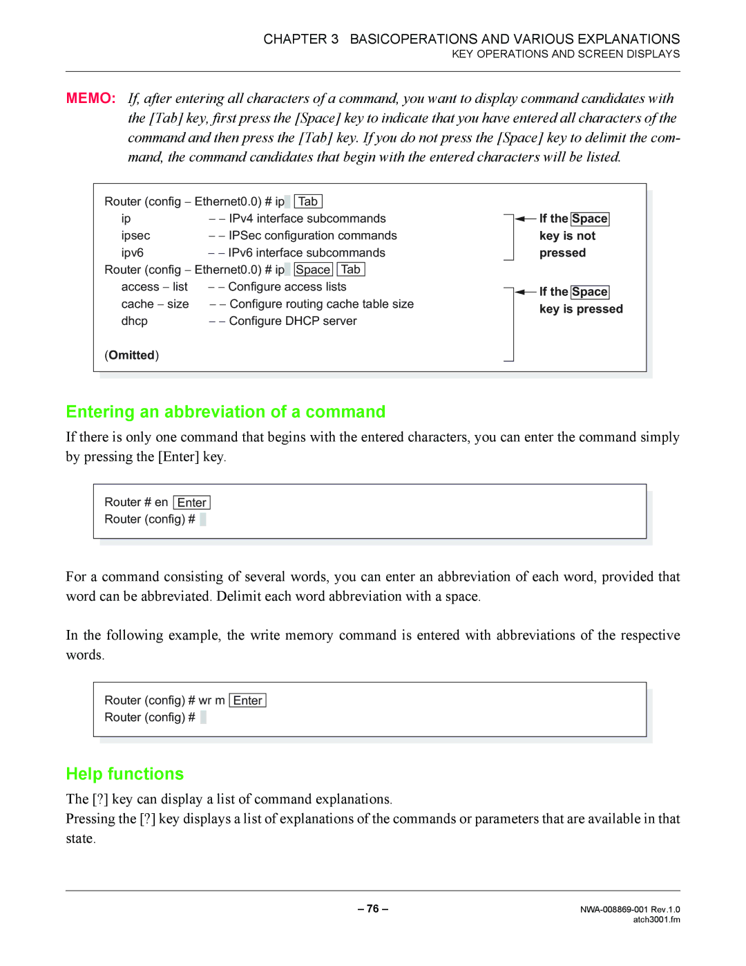 NEC NWA-008869-001 manual Entering an abbreviation of a command, Help functions 