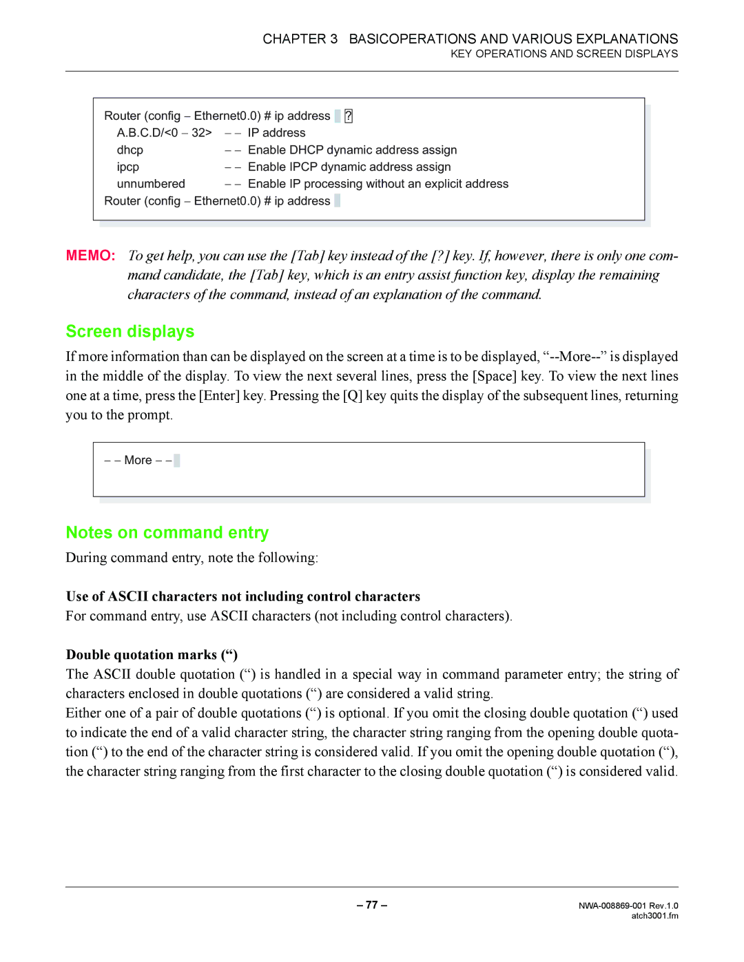 NEC NWA-008869-001 manual Screen displays, During command entry, note the following, Double quotation marks 