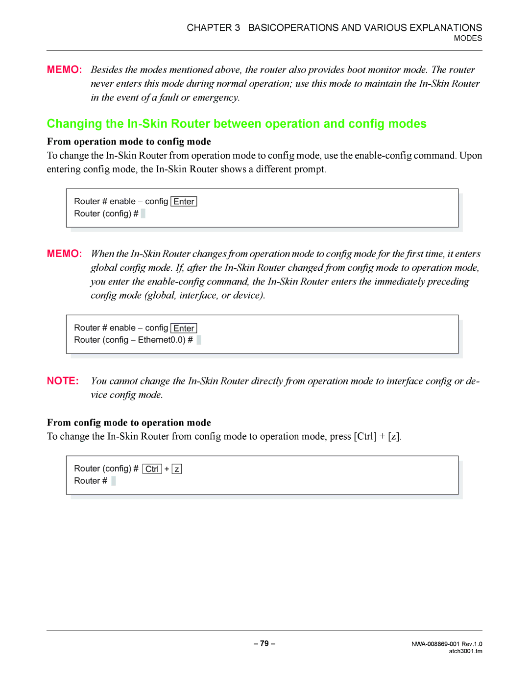 NEC NWA-008869-001 manual From operation mode to config mode, From config mode to operation mode 