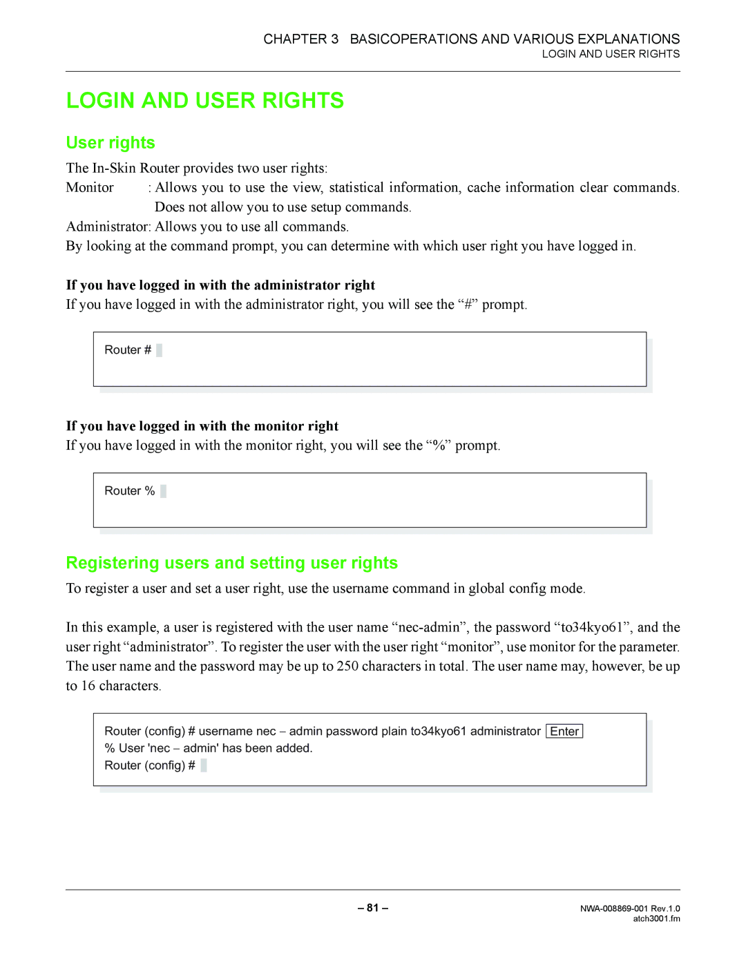 NEC NWA-008869-001 manual Login and User Rights, User rights, Registering users and setting user rights 