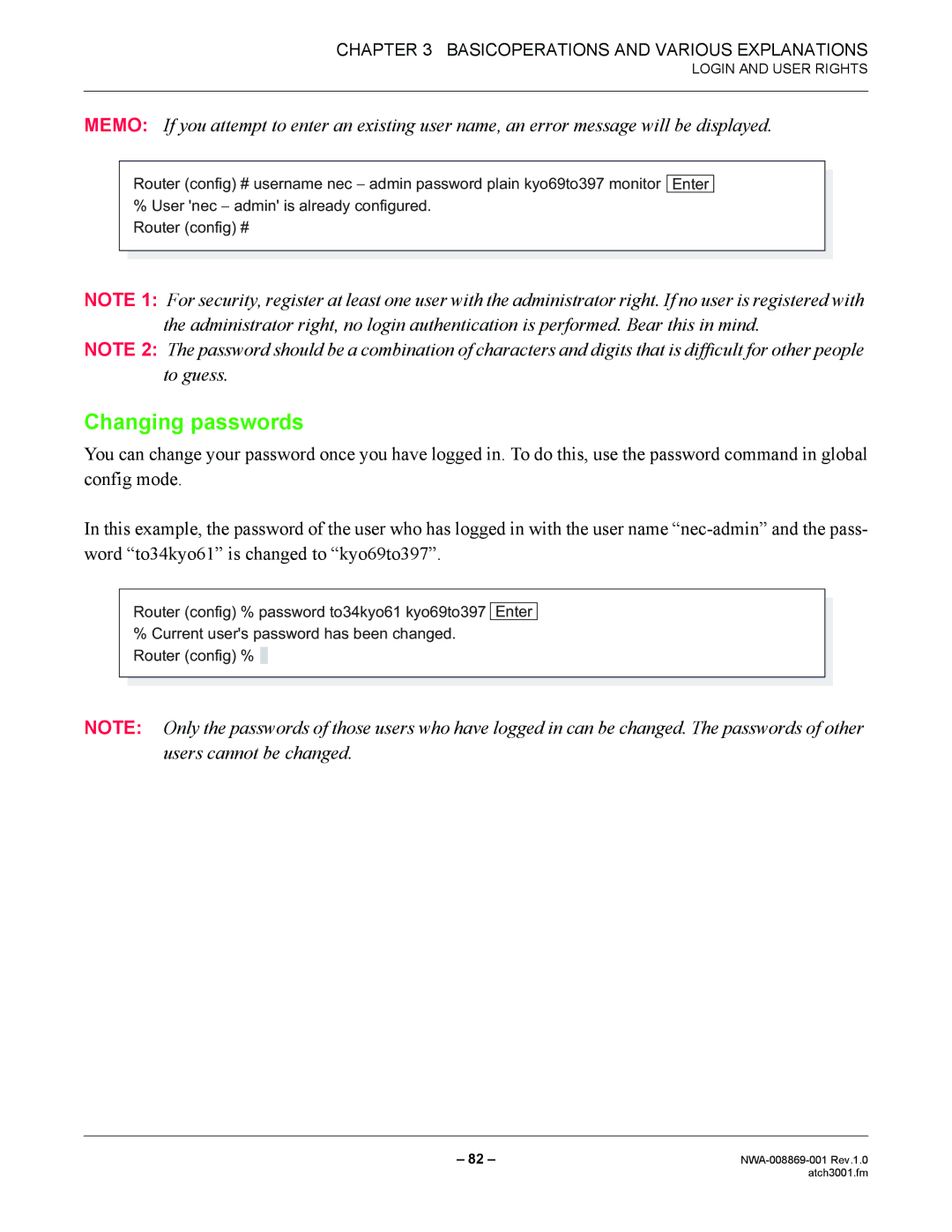 NEC NWA-008869-001 manual Changing passwords 