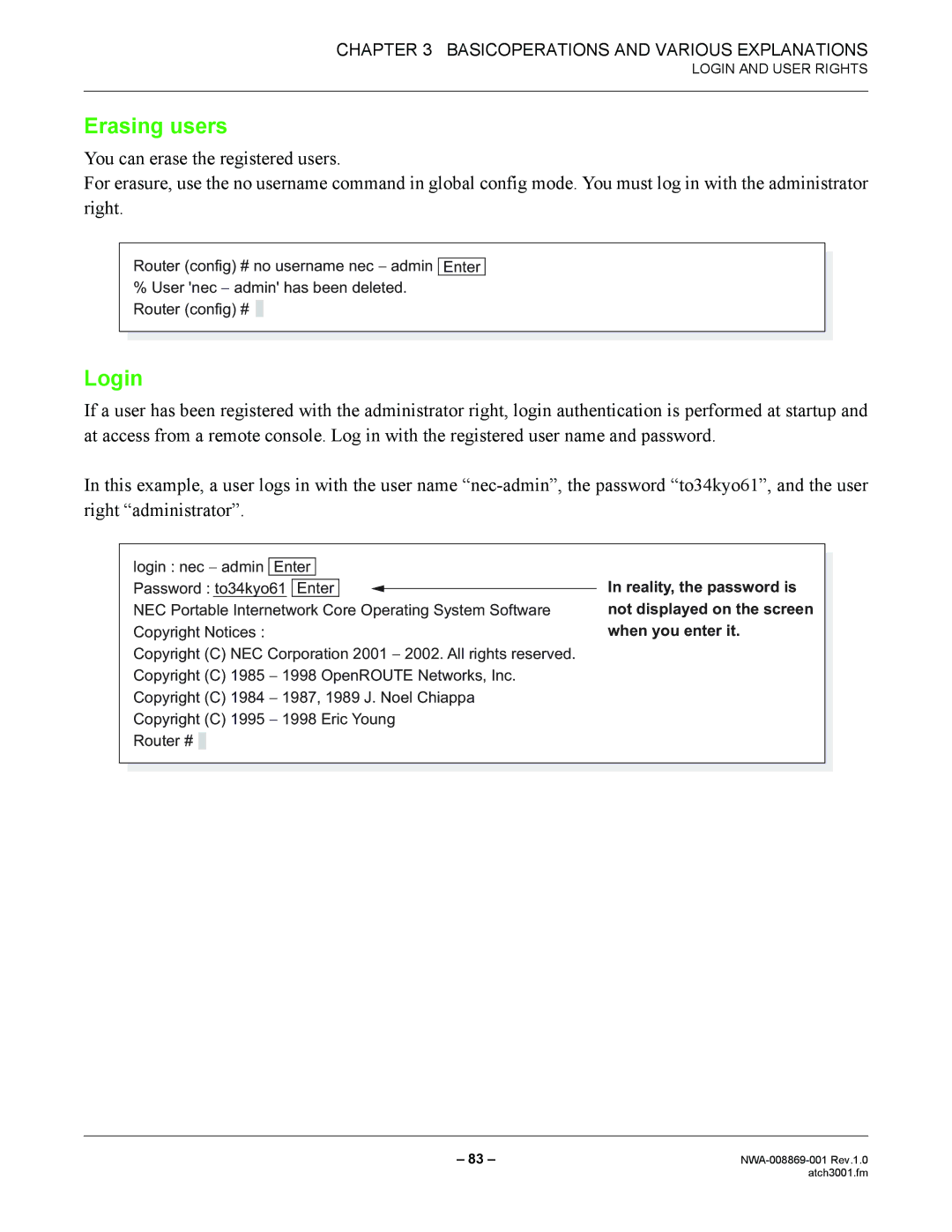 NEC NWA-008869-001 manual Erasing users, Login 