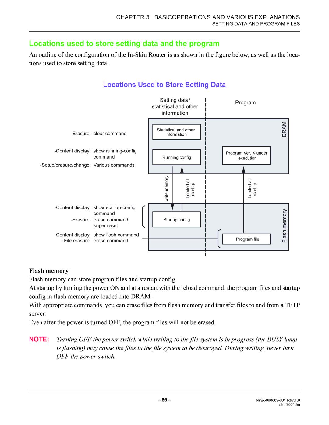 NEC NWA-008869-001 manual Locations used to store setting data and the program, Locations Used to Store Setting Data 